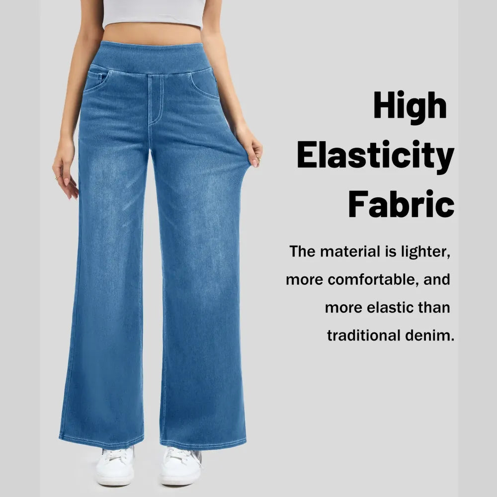 🔥Women's High-Waisted Washed Baggy Wide-Leg Stretchy Knit Jeans with Multiple Pockets – Comfortable Casual Denim