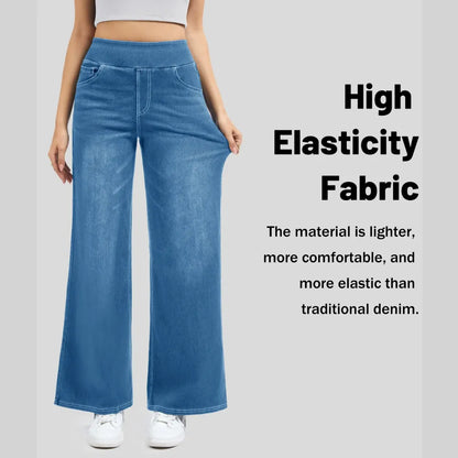 🔥Women's High-Waisted Washed Baggy Wide-Leg Stretchy Knit Jeans with Multiple Pockets – Comfortable Casual Denim
