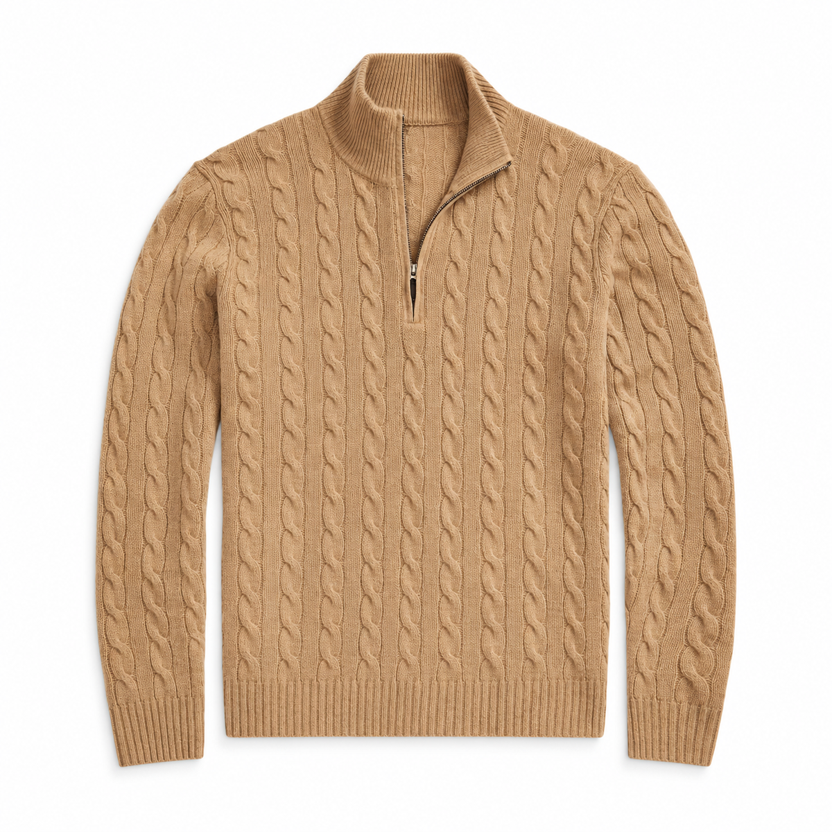 Men’s Cable Knit Quarter Zip Sweater, Classic Long Sleeve Pullover with Ribbed Collar