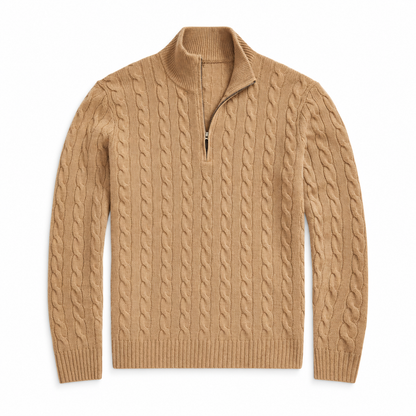 Men’s Cable Knit Quarter Zip Sweater, Classic Long Sleeve Pullover with Ribbed Collar