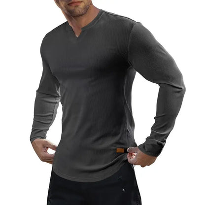 Men's slim-fit V-neck ribbed long-sleeved stretch T-shirt