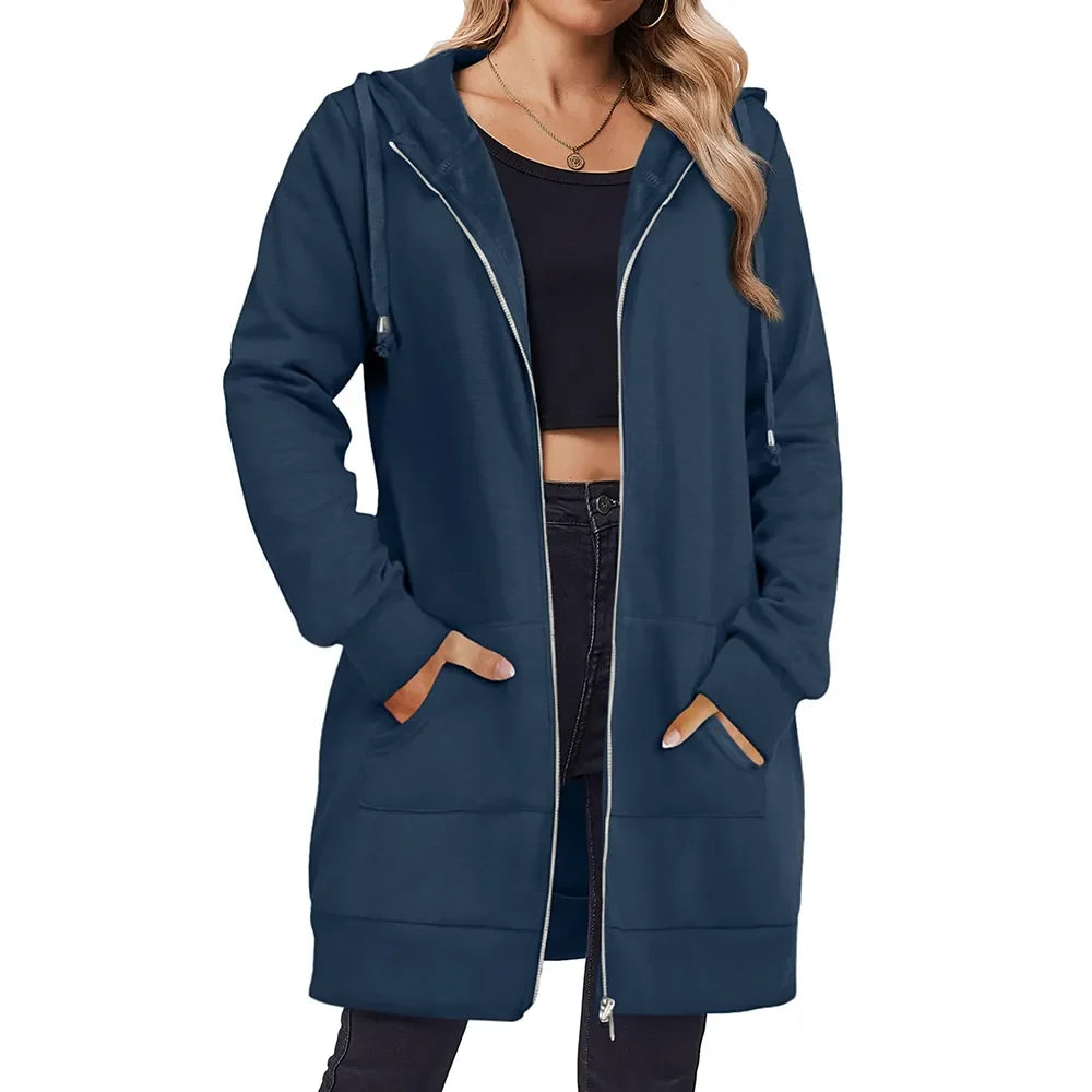 Women Zip Up Fleece Tunic Sweatshirt Long Hoodie