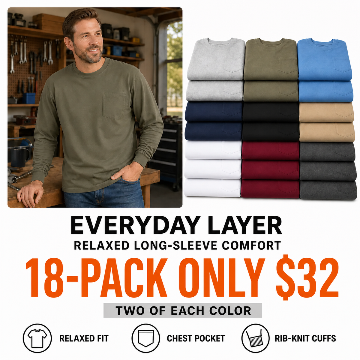Men’s Relaxed-Fit Long-Sleeve Crewneck Pocket T-Shirt