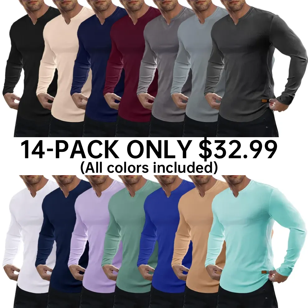 Men's slim-fit V-neck ribbed long-sleeved stretch T-shirt