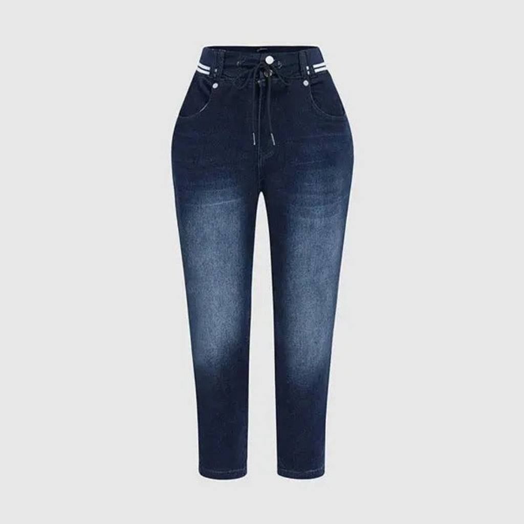Wash Contrast Binding Double Button Drawstring Mid Waist High Stretch Fit Capri Jeans  Pant