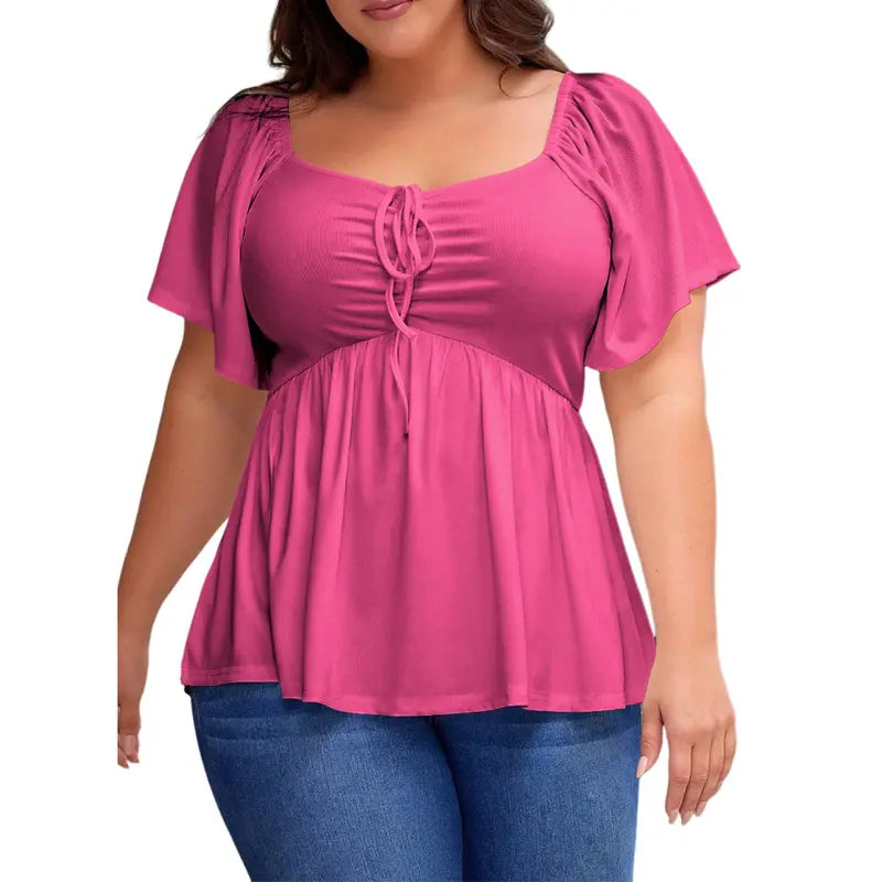 Eytino Women Plus Size Sweetheart Neck Short Sleeve Shirred Peplum Rib Blouse Tops Shirts(1X-5X)