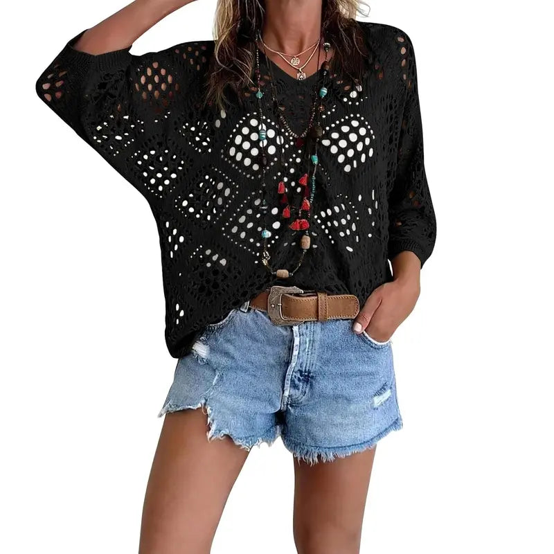 Women's Boho Crochet V-Neck Top