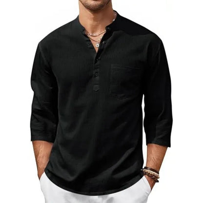 Men’s Lightweight Linen Henley Shirt –  3/4 Sleeve Casual Top with Pocket