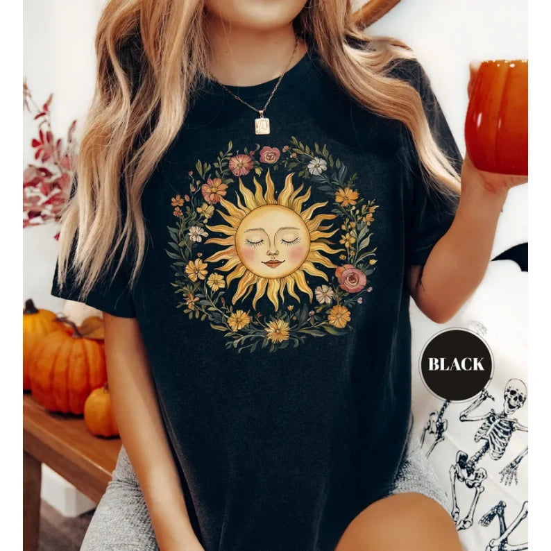 Boho Spiritual Sun T-Shirt, Cute Bohemian Tee, Celestial Hippie Clothing, Vintage Women Clothing, Hippy Clothes, Chic Style, Floral Outfit