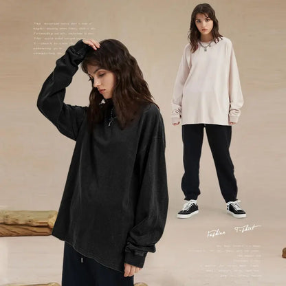Unisex Vintage Washed Heavyweight Soft Breathable Cotton Long Sleeve T-Shirt