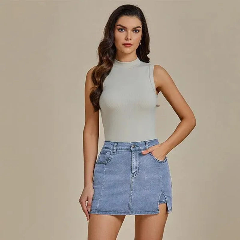Women’s High Waisted Stretch Denim Skort for Women – Mini Jean Skirt with Built-In Shorts & Side Slit