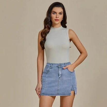 Women’s High Waisted Stretch Denim Skort for Women – Mini Jean Skirt with Built-In Shorts & Side Slit
