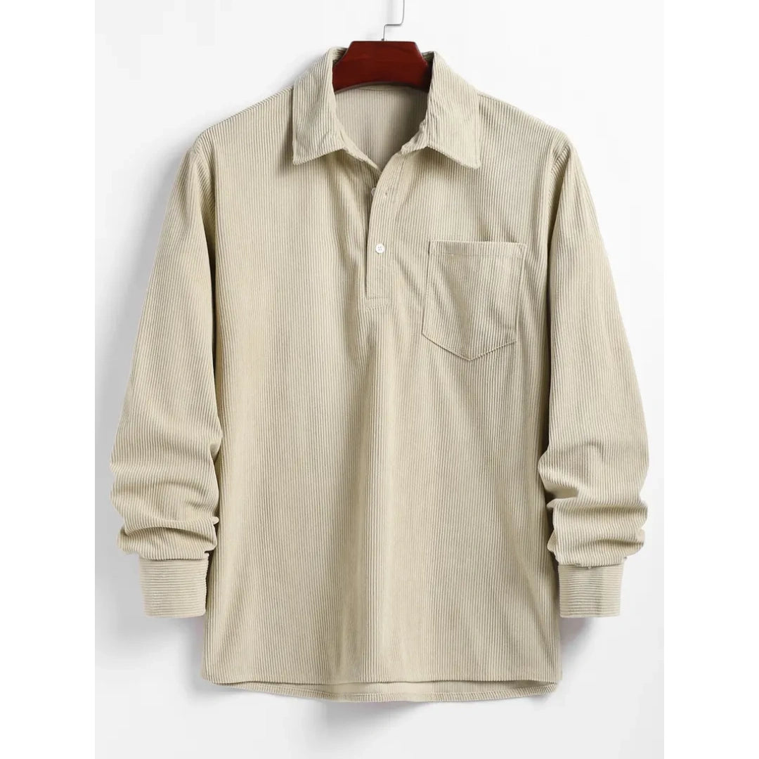 Men's Plain Pocket Half Button Corduroy Shirt