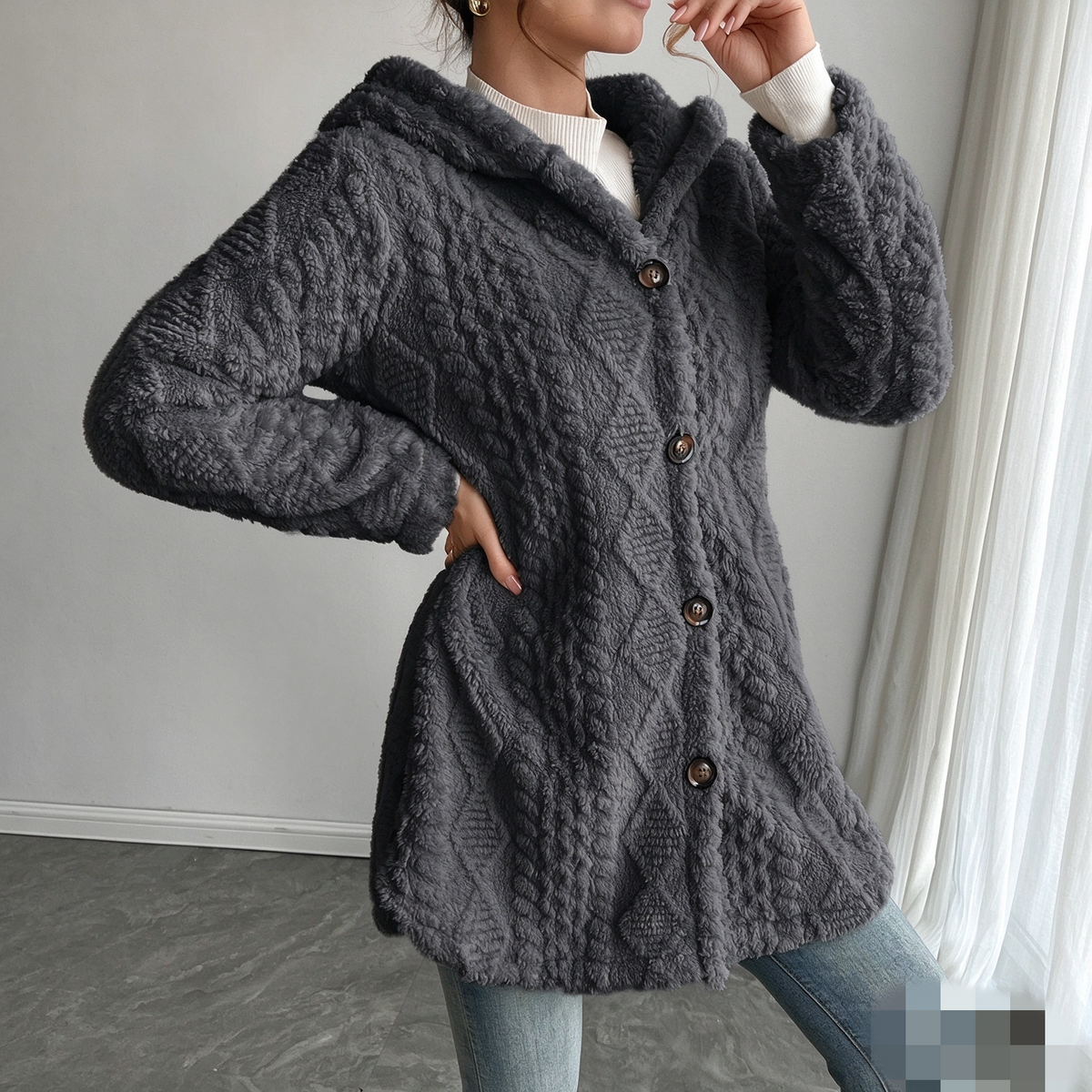 Women's Solid Color Fuzzy Hooded Coat