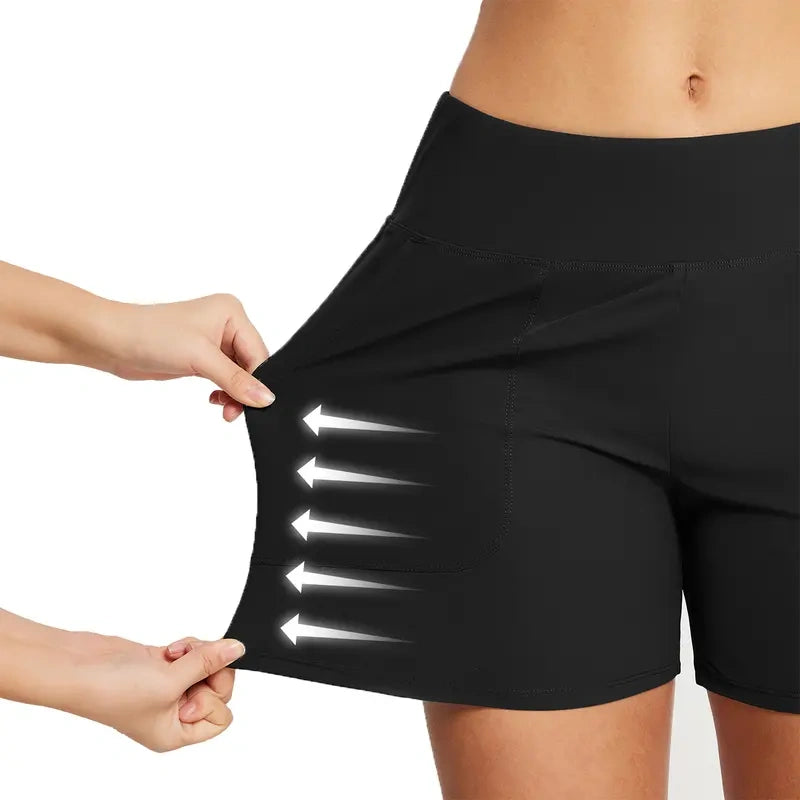 Women's High Waisted Quick Dry Swim Shorts with Zipper Pockets