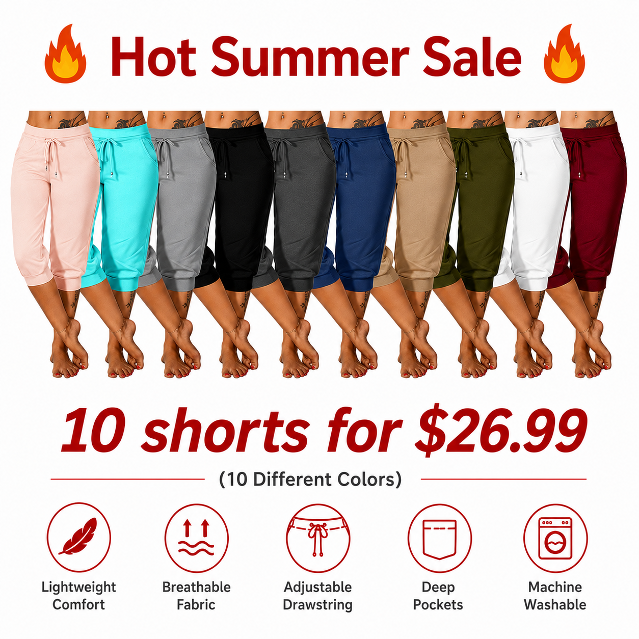 🔥Hot Summer Sale🔥Women’s Drawstring Capri Pants with Pockets for Casual Comfort Wear