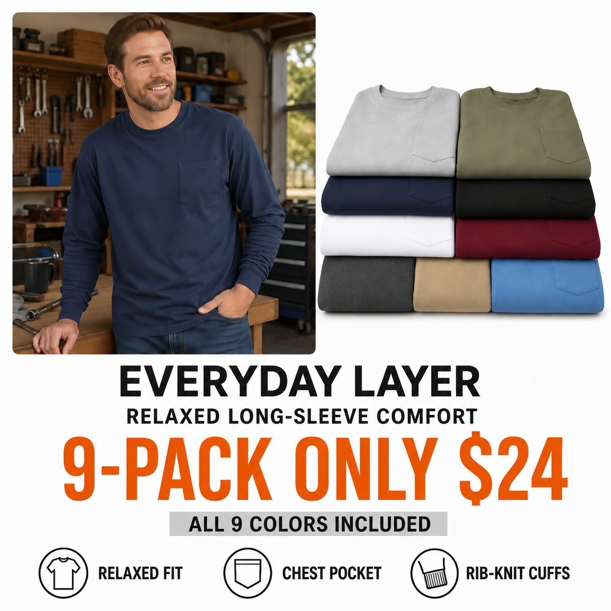 Men’s Relaxed-Fit Long-Sleeve Crewneck Pocket T-Shirt