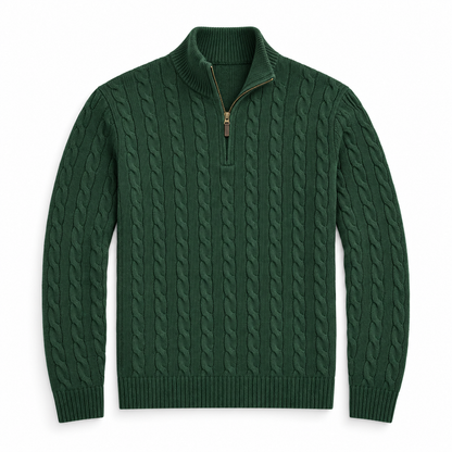 Men’s Cable Knit Quarter Zip Sweater, Classic Long Sleeve Pullover with Ribbed Collar