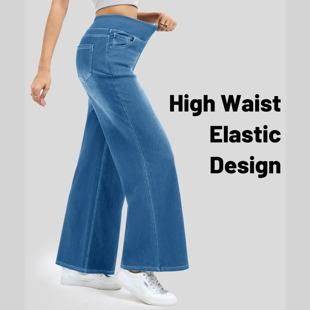 🔥Women's High-Waisted Washed Baggy Wide-Leg Stretchy Knit Jeans with Multiple Pockets – Comfortable Casual Denim