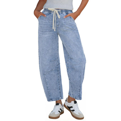 Barrel Jeans for Women High Waisted Cropped Wide Leg Stretch Denim Pants