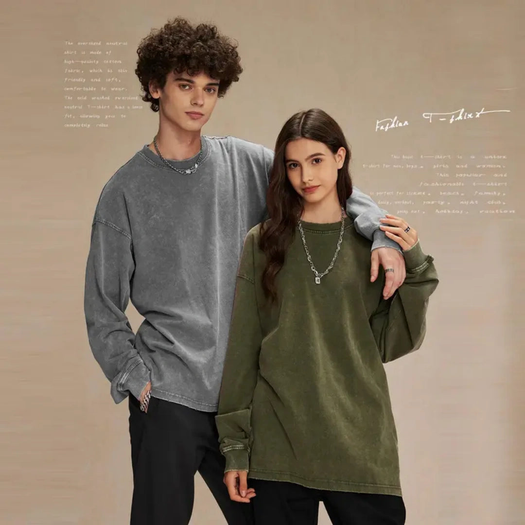 Unisex Vintage Washed Heavyweight Soft Breathable Cotton Long Sleeve T-Shirt