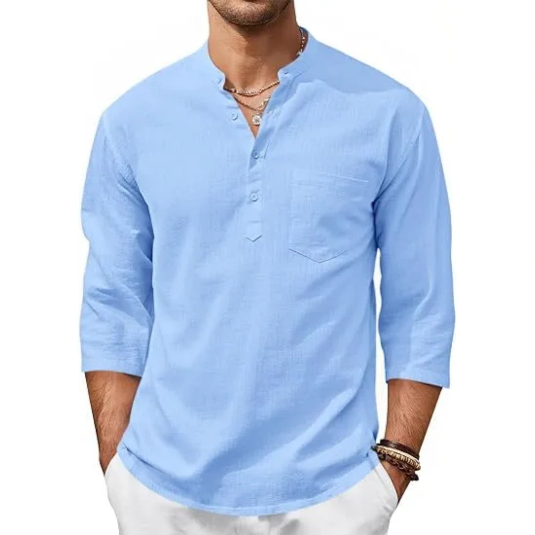 Men’s Lightweight Linen Henley Shirt –  3/4 Sleeve Casual Top with Pocket