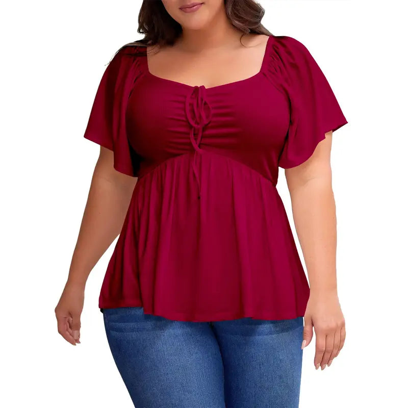 Eytino Women Plus Size Sweetheart Neck Short Sleeve Shirred Peplum Rib Blouse Tops Shirts(1X-5X)