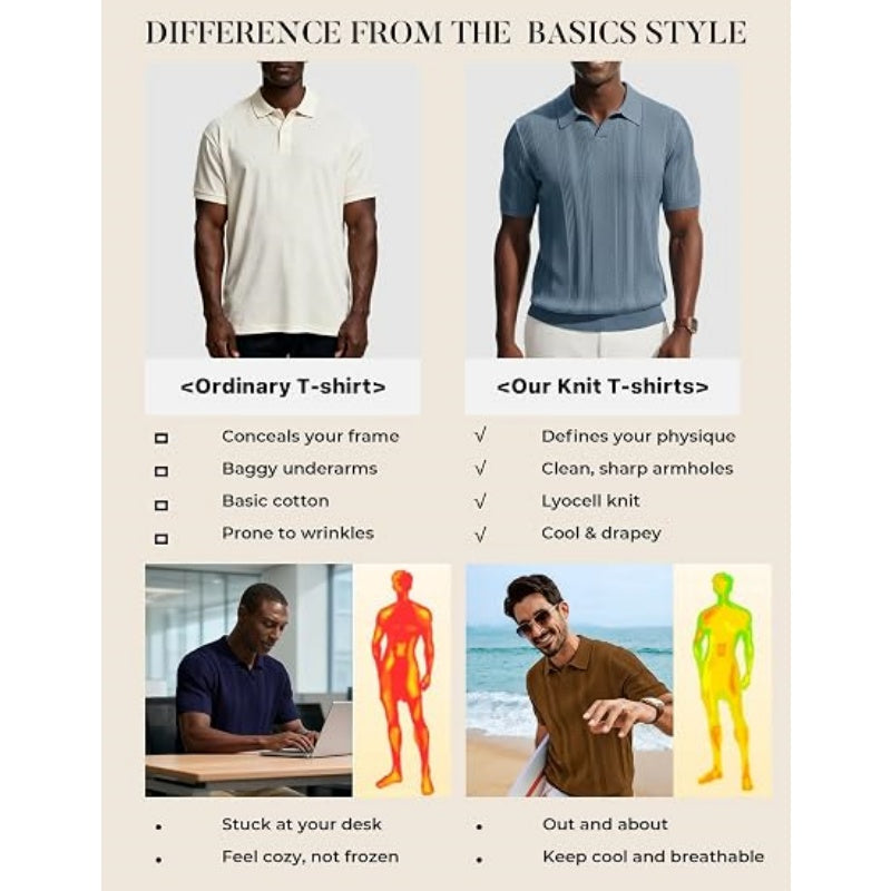 Mens Knit Polo Shirts V Neck Short Sleeve