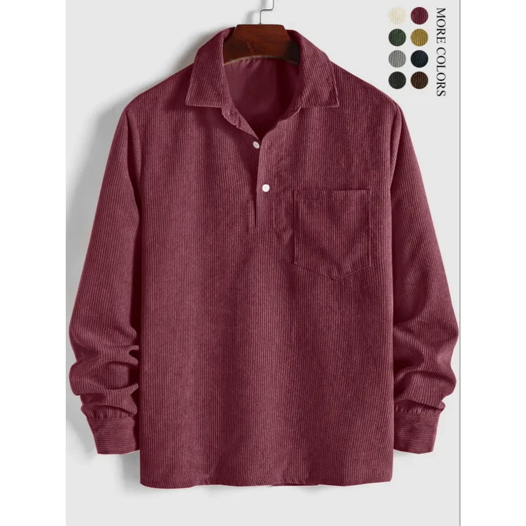 Men's Plain Pocket Half Button Corduroy Shirt