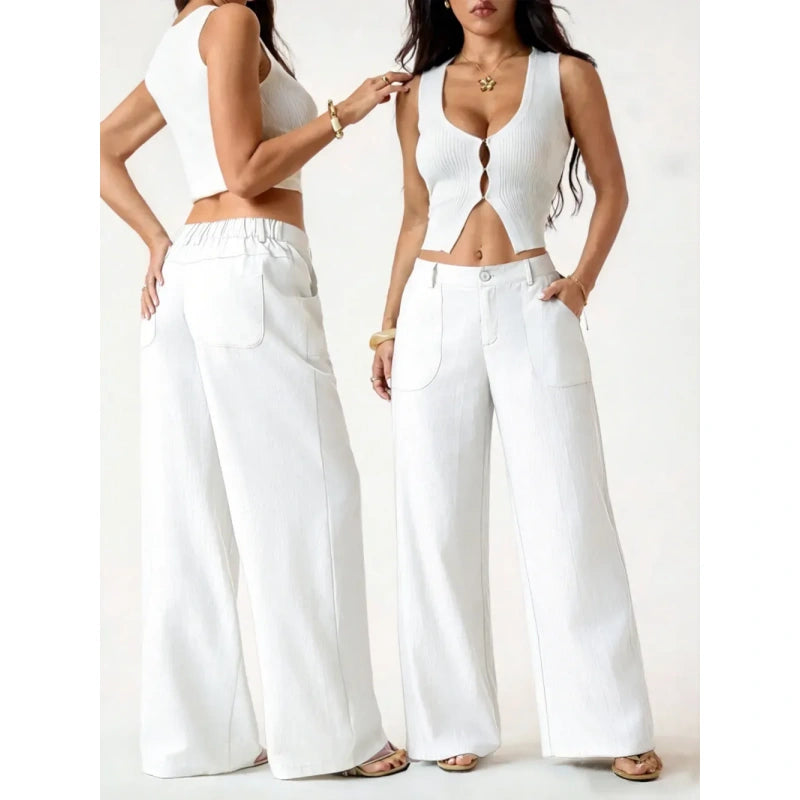 High Waist Wide Leg Beach Trousers With Pocket