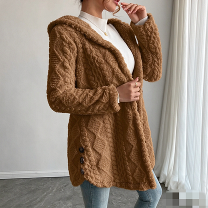 Women's Solid Color Fuzzy Hooded Coat