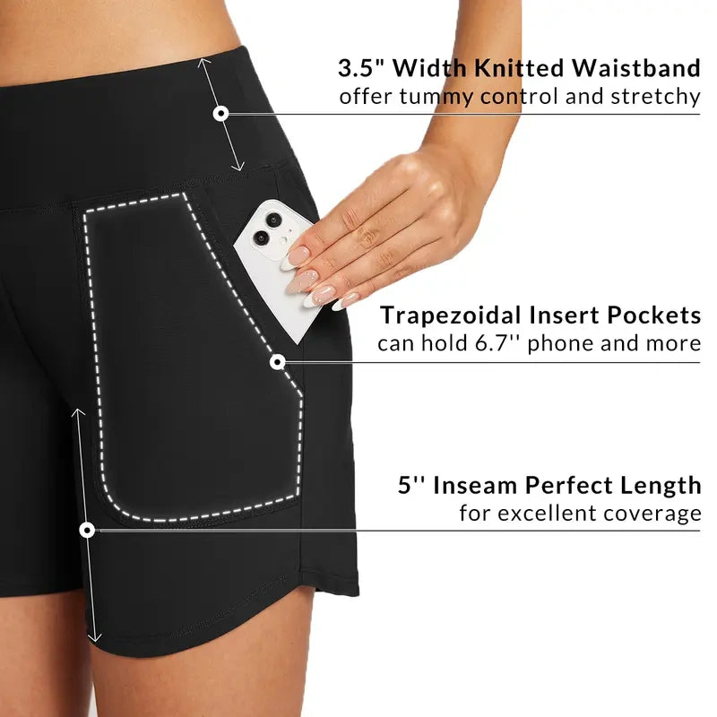 Women's High Waisted Quick Dry Swim Shorts with Zipper Pockets