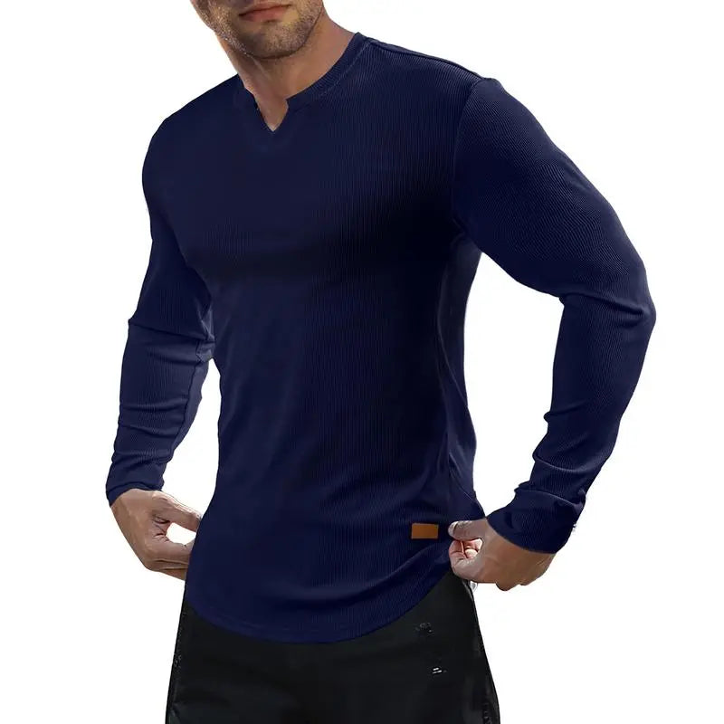 Men's slim-fit V-neck ribbed long-sleeved stretch T-shirt