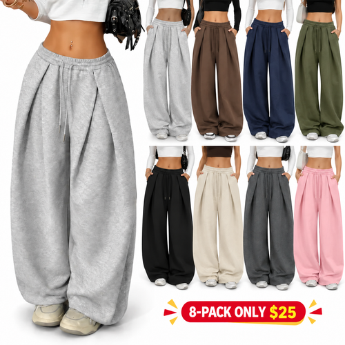 Women Elastic Waist Cuffed Jogger Pants, High Waist Baggy Wide Leg Sweatpants With Drawstring Ankle