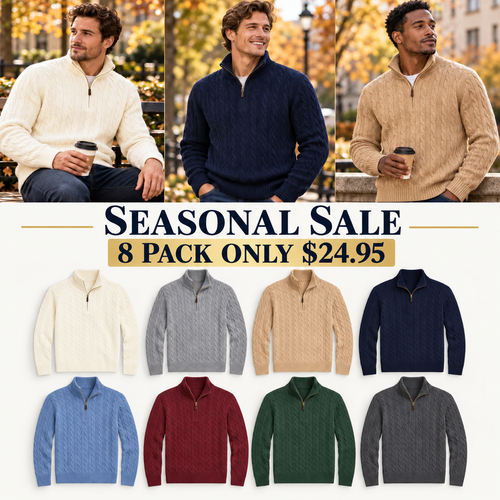 Men’s Cable Knit Quarter Zip Sweater, Classic Long Sleeve Pullover with Ribbed Collar