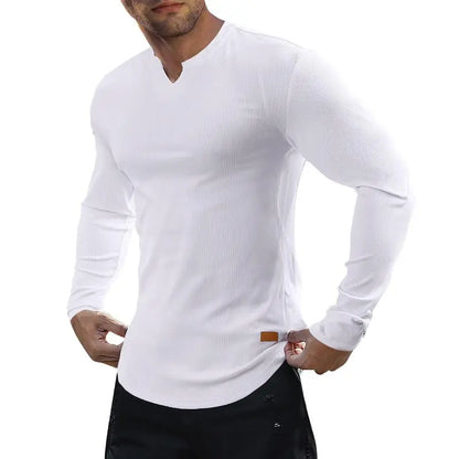 Men's slim-fit V-neck ribbed long-sleeved stretch T-shirt