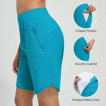 Women's High Waisted Quick Dry Swim Shorts with Zipper Pockets