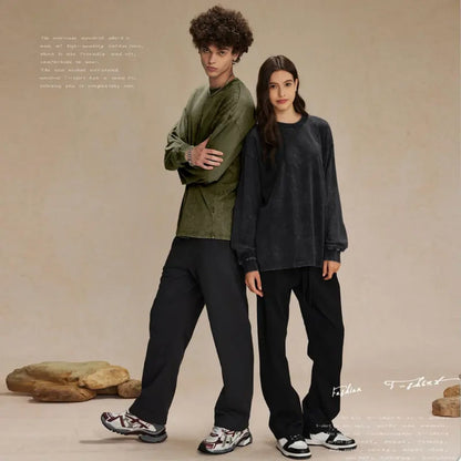 Unisex Vintage Washed Heavyweight Soft Breathable Cotton Long Sleeve T-Shirt