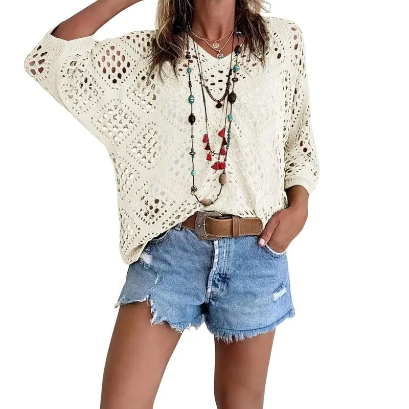 Women's Boho Crochet V-Neck Top