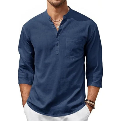 Men’s Lightweight Linen Henley Shirt –  3/4 Sleeve Casual Top with Pocket