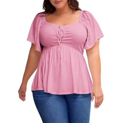 Eytino Women Plus Size Sweetheart Neck Short Sleeve Shirred Peplum Rib Blouse Tops Shirts(1X-5X)