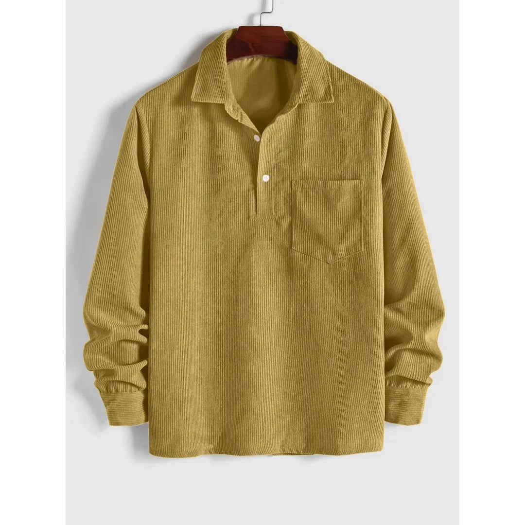 Men's Plain Pocket Half Button Corduroy Shirt