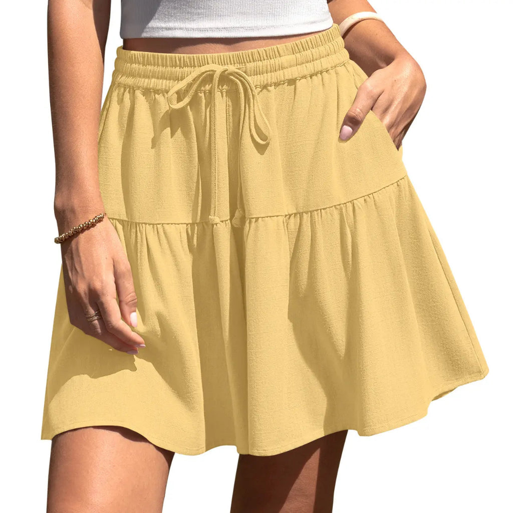 Womens Linen Blend Wide Leg Flowy Culotte Shorts Drawstring Loose Fit Summer Casual Lightweight Comfy Vacation Wear