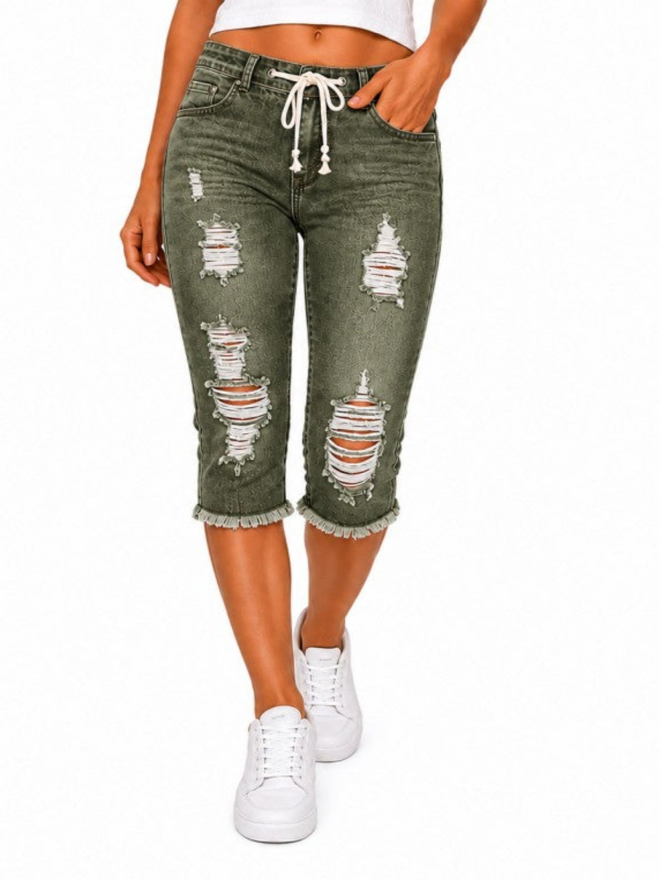 Fashion Distressed Ripped Capri Jeans Plus Size Casual High-Waisted Drawstring Waist Denim Cropped Pants + Lace cutout top