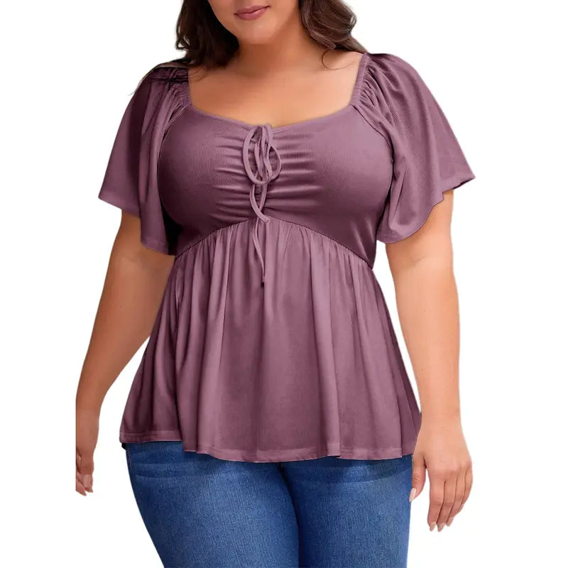 Eytino Women Plus Size Sweetheart Neck Short Sleeve Shirred Peplum Rib Blouse Tops Shirts(1X-5X)