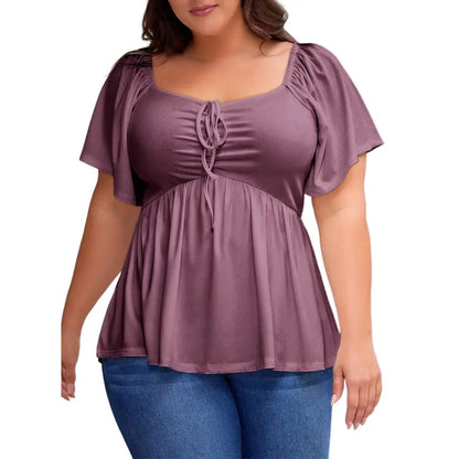 Eytino Women Plus Size Sweetheart Neck Short Sleeve Shirred Peplum Rib Blouse Tops Shirts(1X-5X)