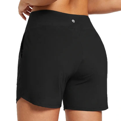 Women's High Waisted Quick Dry Swim Shorts with Zipper Pockets