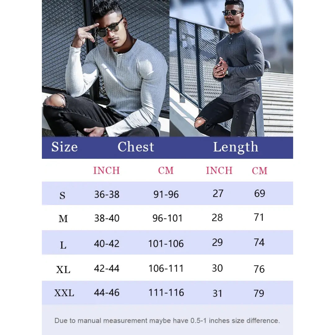 Men's Ribbed Slim Fit Long Sleeve Henley Shirt - Fitted Cotton Knit Basics Top