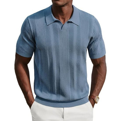 Mens Knit Polo Shirts V Neck Short Sleeve