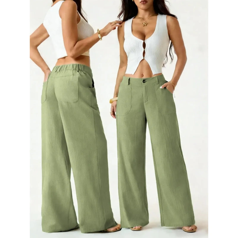 High Waist Wide Leg Beach Trousers With Pocket